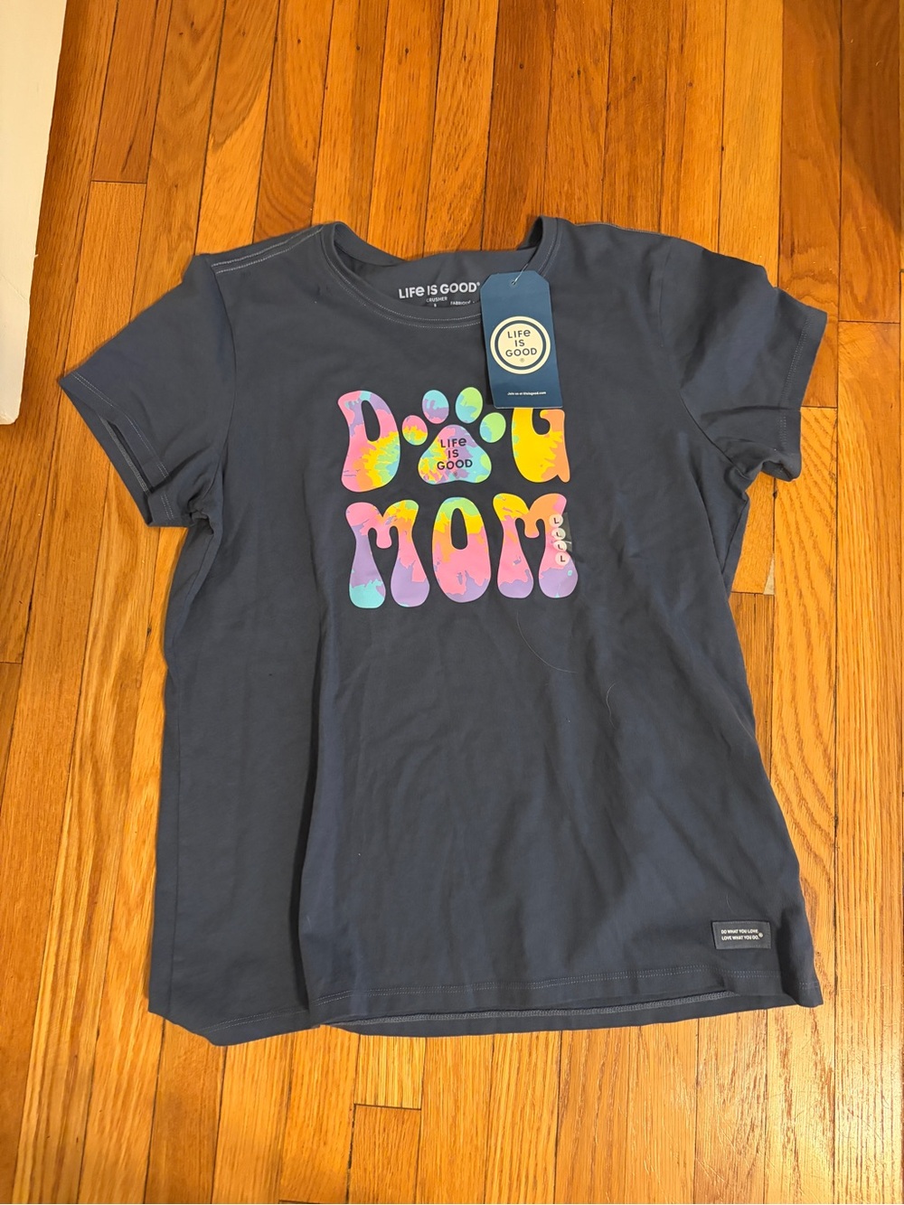 Life is Good NWT Women’s "Dog Mom" Tie Dye Graphic Tee - Navy Sz Large